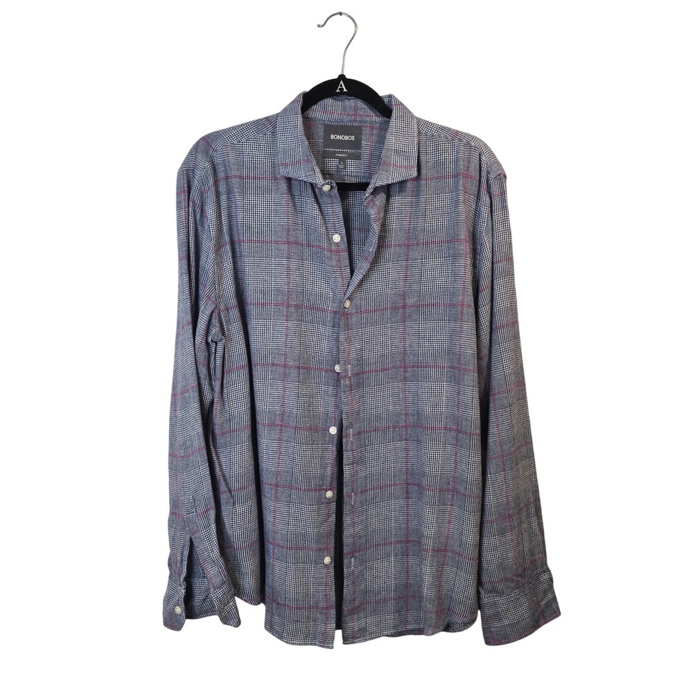 Bonobos Button Down Shirt Mens Large Grey Blue Pink Glen Plaid Standard Fit SOFT